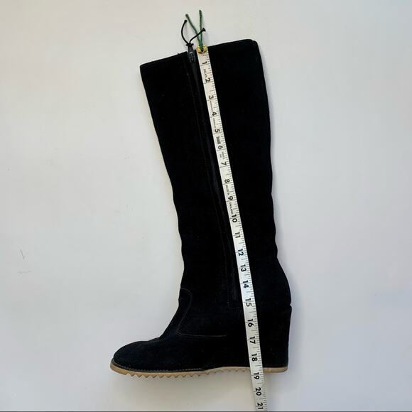 VINTAGE 1970s Black Suede Tall Boots Wedge Heel - Size 7-7.5 - Picture 7 of 11